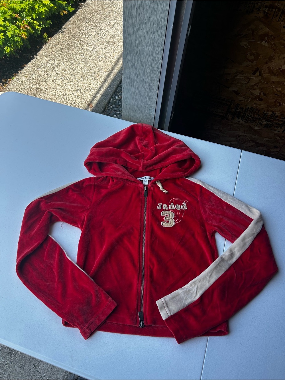 Jaded London Red Velour Hooded Zip-Up with Cream Sleeve Stripe